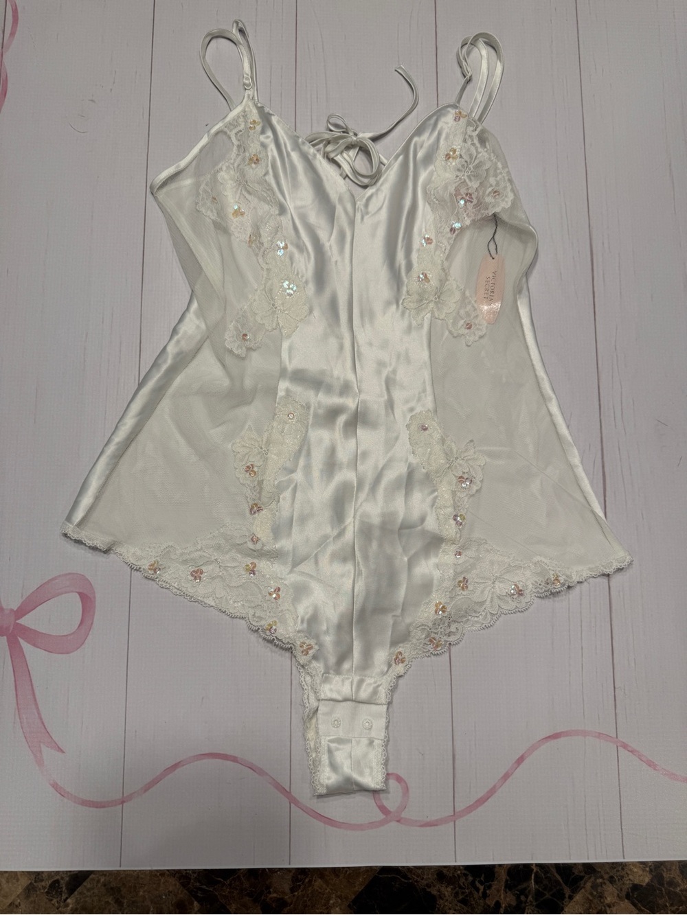 NWT Vintage 90s Victoria's Secret Ivory Satin Beaded Lace Teddy Bodysuit XS